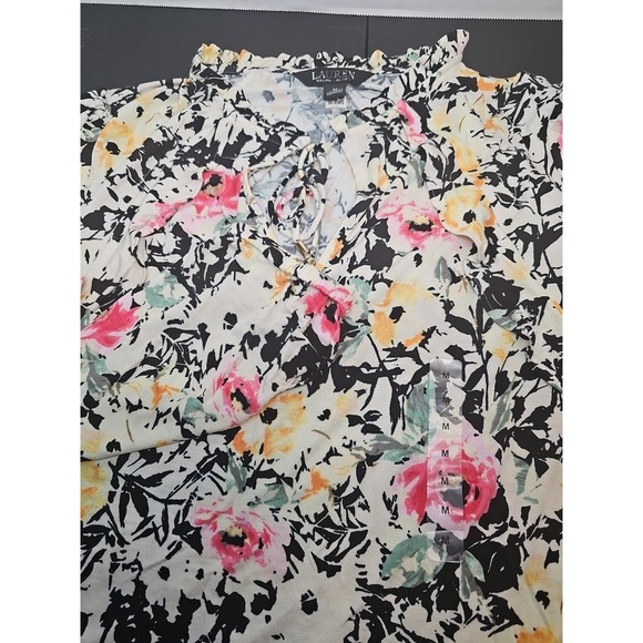 Lauren Ralph Lauren Women's V-Neck Top Floral Ruffle Long Sleeve Size M - Picture 7 of 9